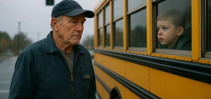 Anna, la fille de Dennis, portant une blouse d'infirmière, se tient près de la zone des bus de l'école Riverside, tenant le tableau blanc de son père avec le message inspirant pour les enfants après son décès.