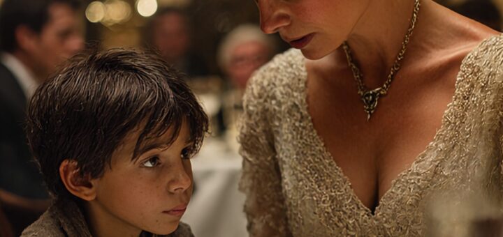 La millionnaire Clara Moretti assise à une table de restaurant, souriant à un jeune garçon (Eli) qui mange, symbolisant un acte de gentillesse qui a changé sa vie et rappelé à la ville le pouvoir de la compassion.